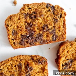 Slices of Greek yogurt banana bread with chocolate chips in them.