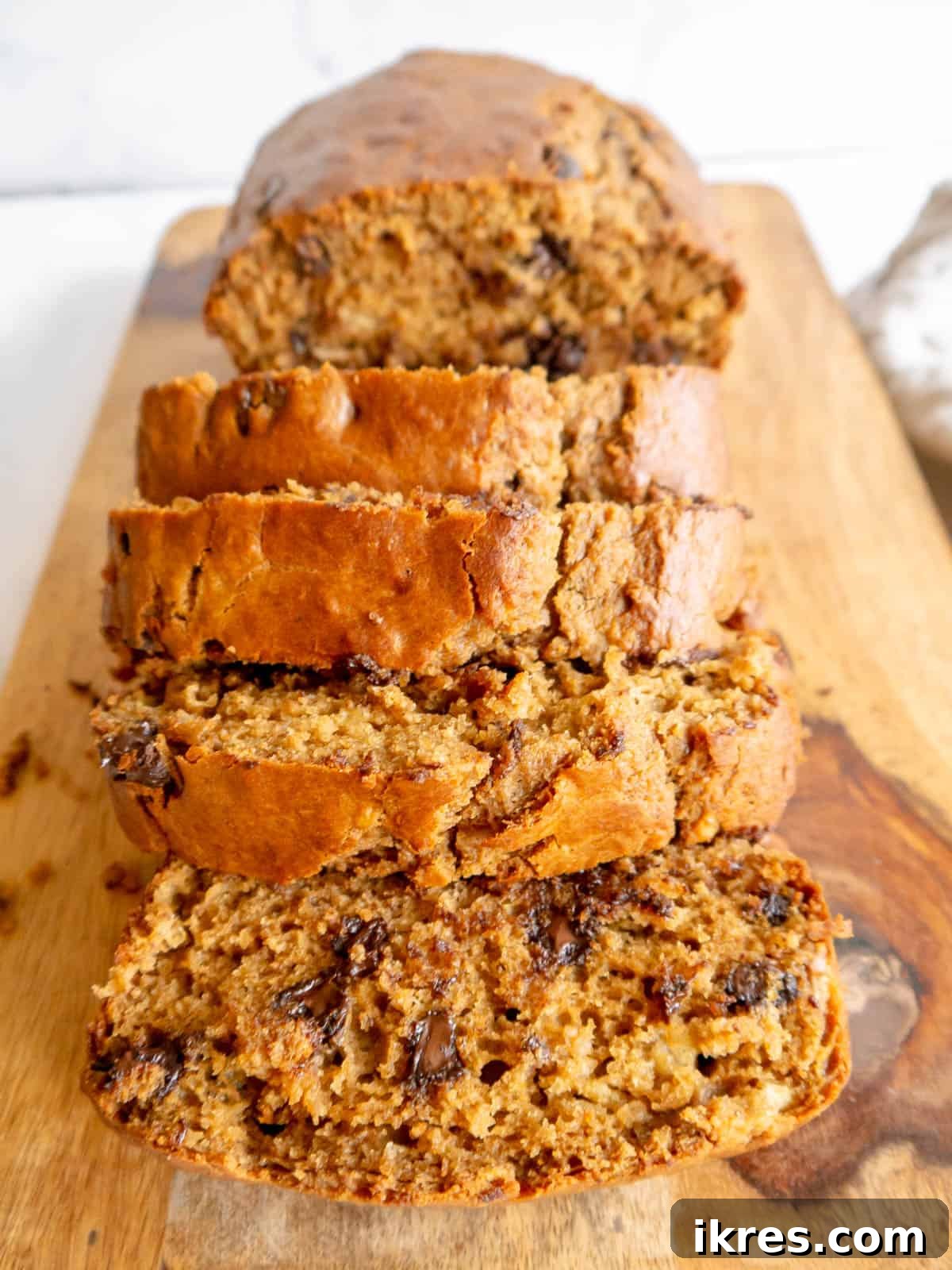 Chocolate chip banana bread made with greek yogurt sliced.