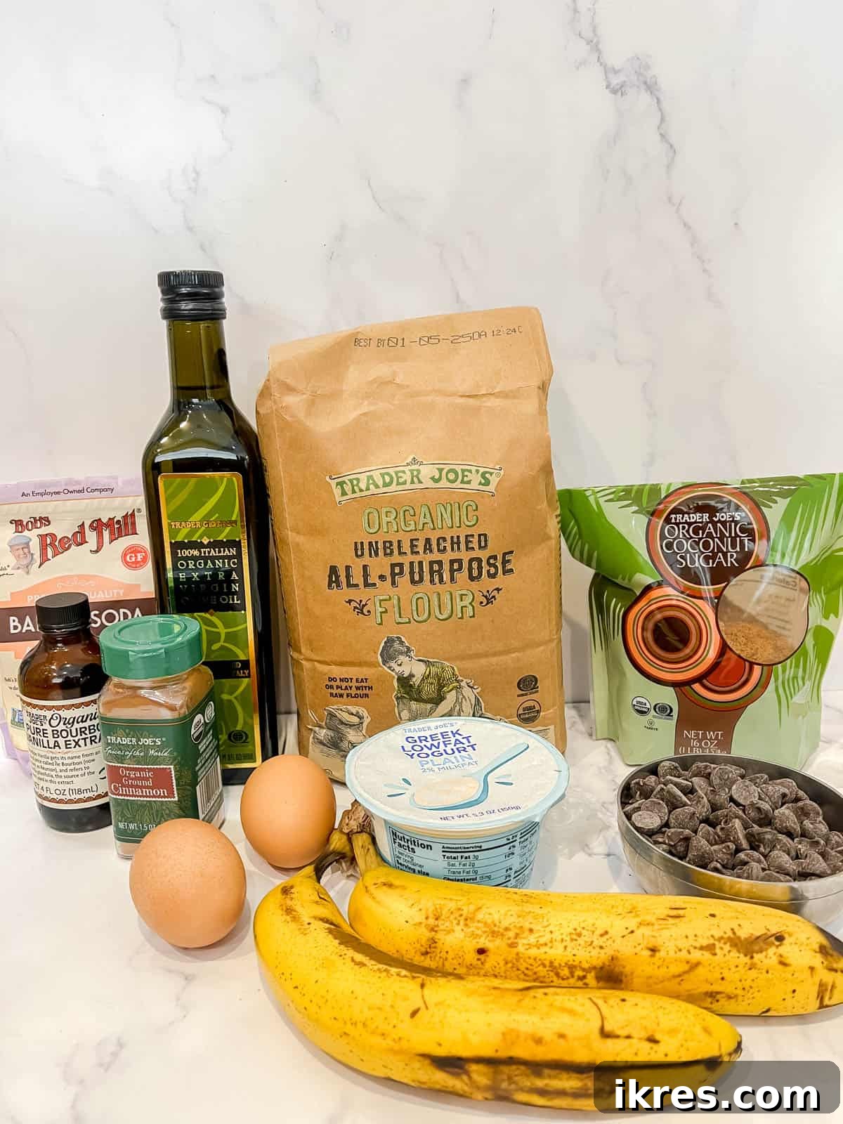Ingredients needed to make greek yogurt banana bread.