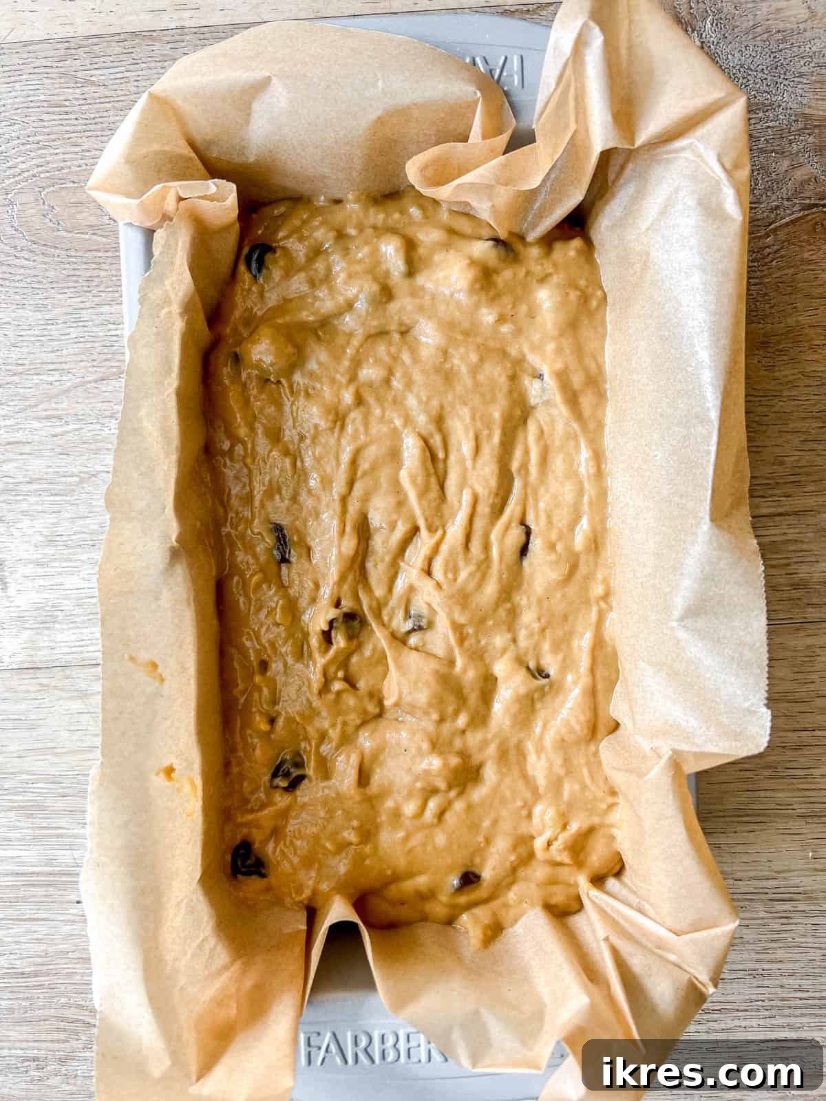 Greek yogurt banana bread in a pan before baking.