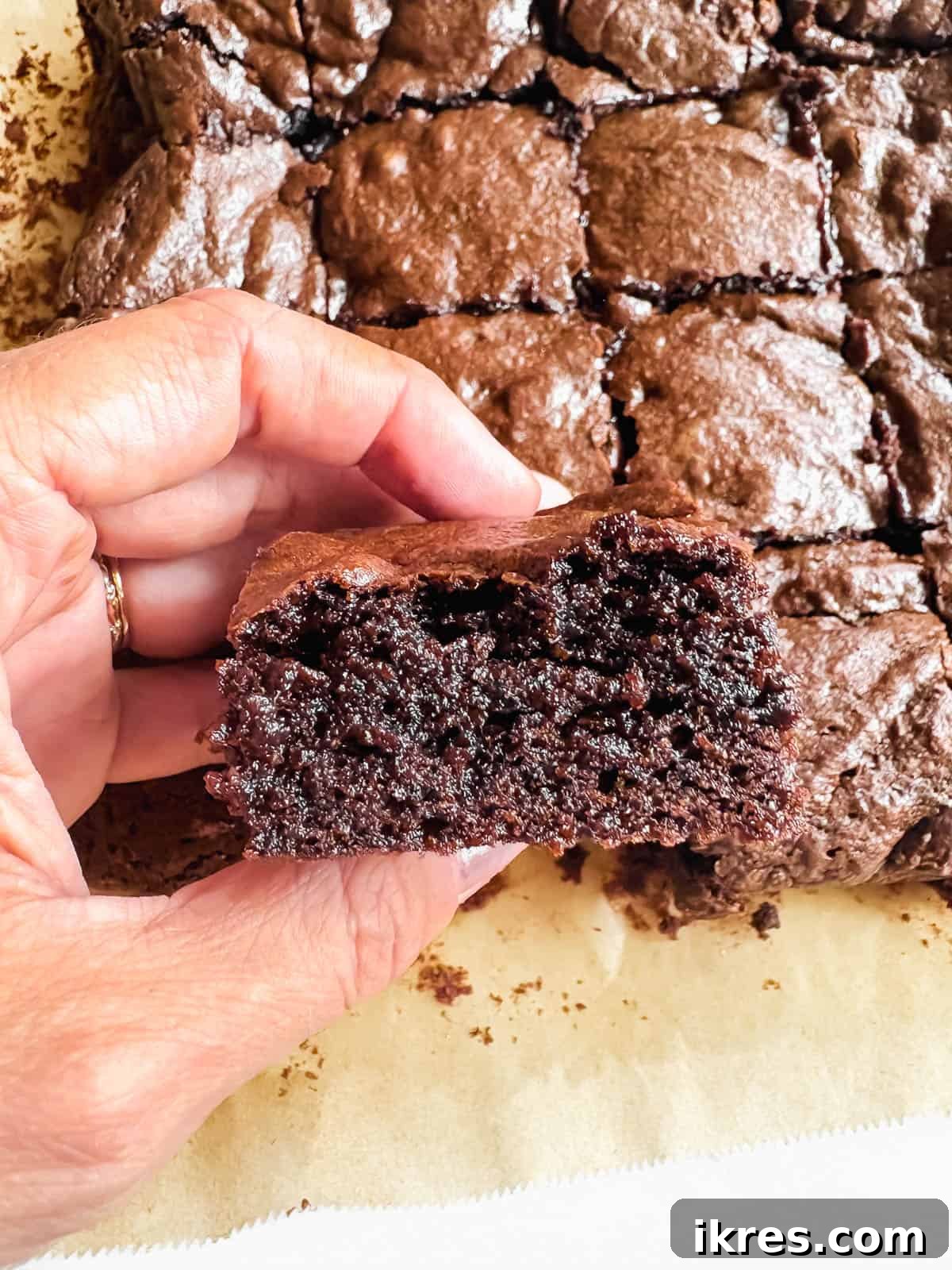 Liquid Gold Brownies 12 A slice of fudgy olive oil brownie held in a hand, showing its dense, moist interior.