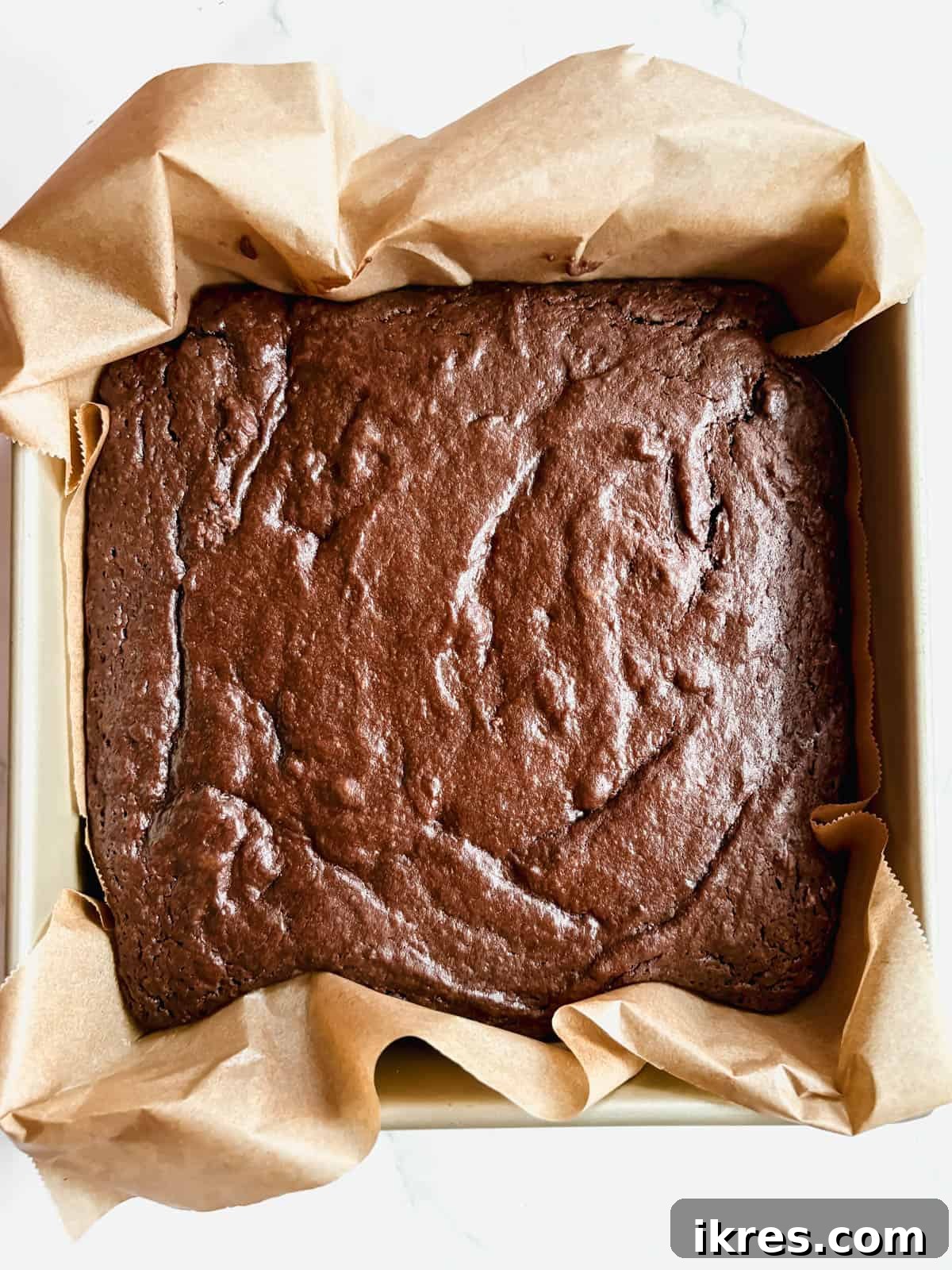 Liquid Gold Brownies 10 Freshly baked olive oil brownies in the pan, golden brown and perfectly risen.