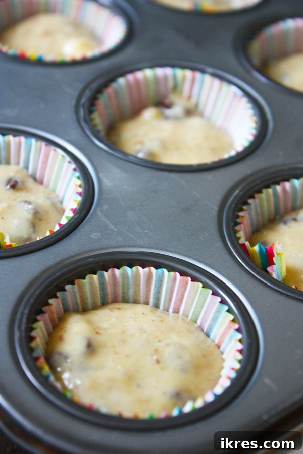 Close-up of fluffy mini chocolate chip muffin batter