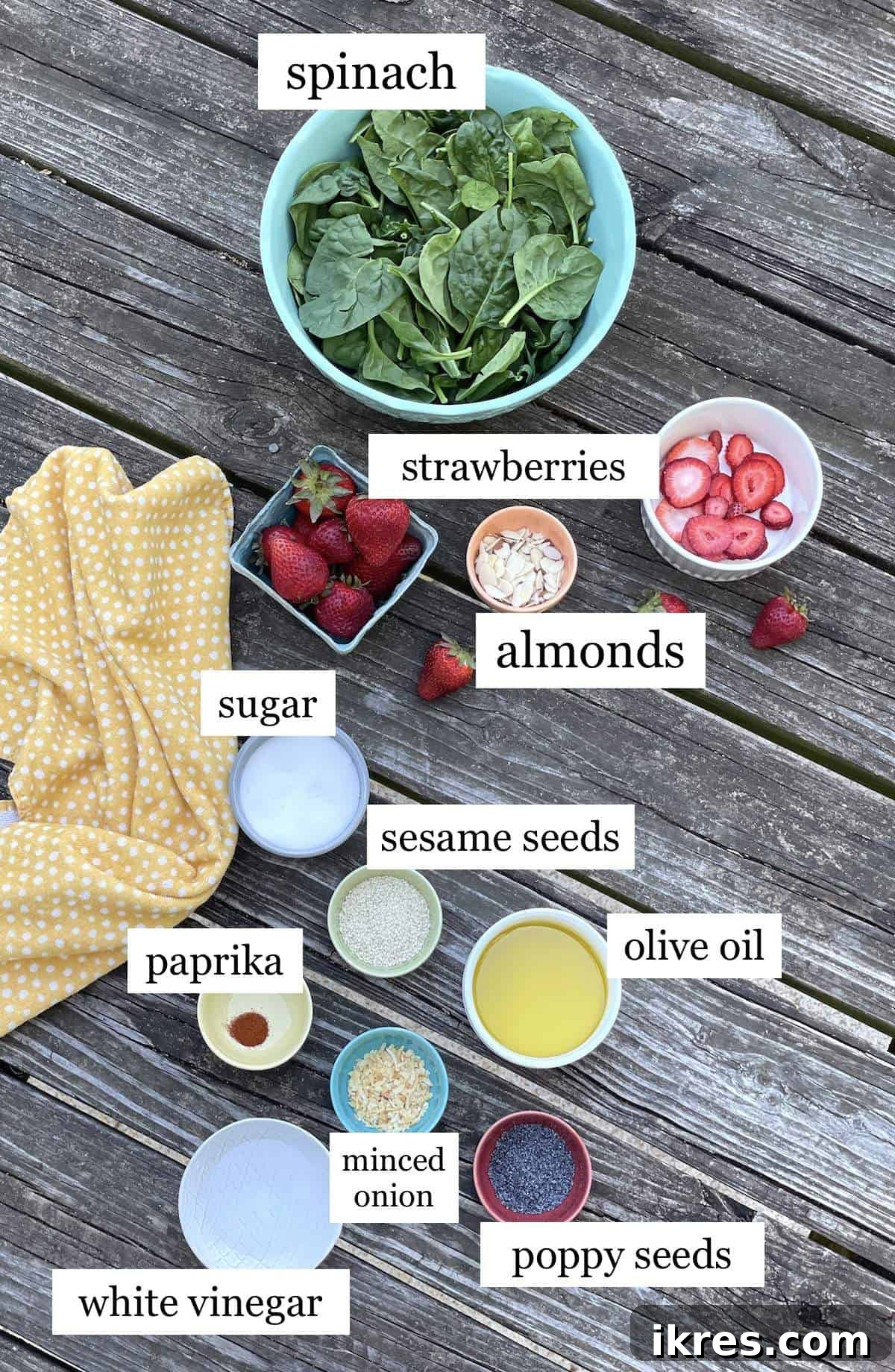 All the fresh ingredients for a delicious strawberry spinach salad, carefully laid out and labeled for easy preparation.