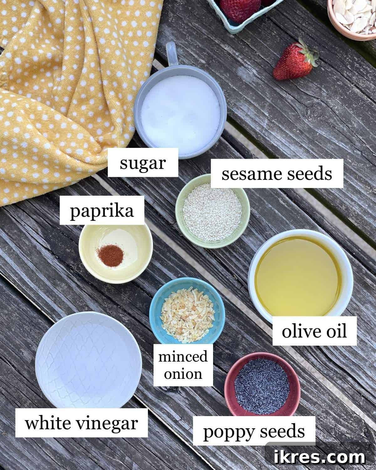 All the essential ingredients for a flavorful sesame poppyseed dressing, neatly arranged and ready for mixing.