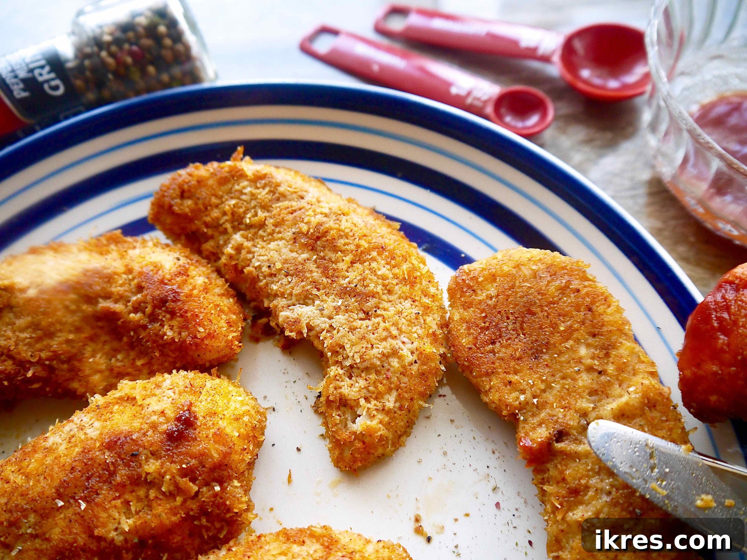 Close-up of golden brown Whole30 compliant chicken tenders on a plate, highlighting their crispy texture.