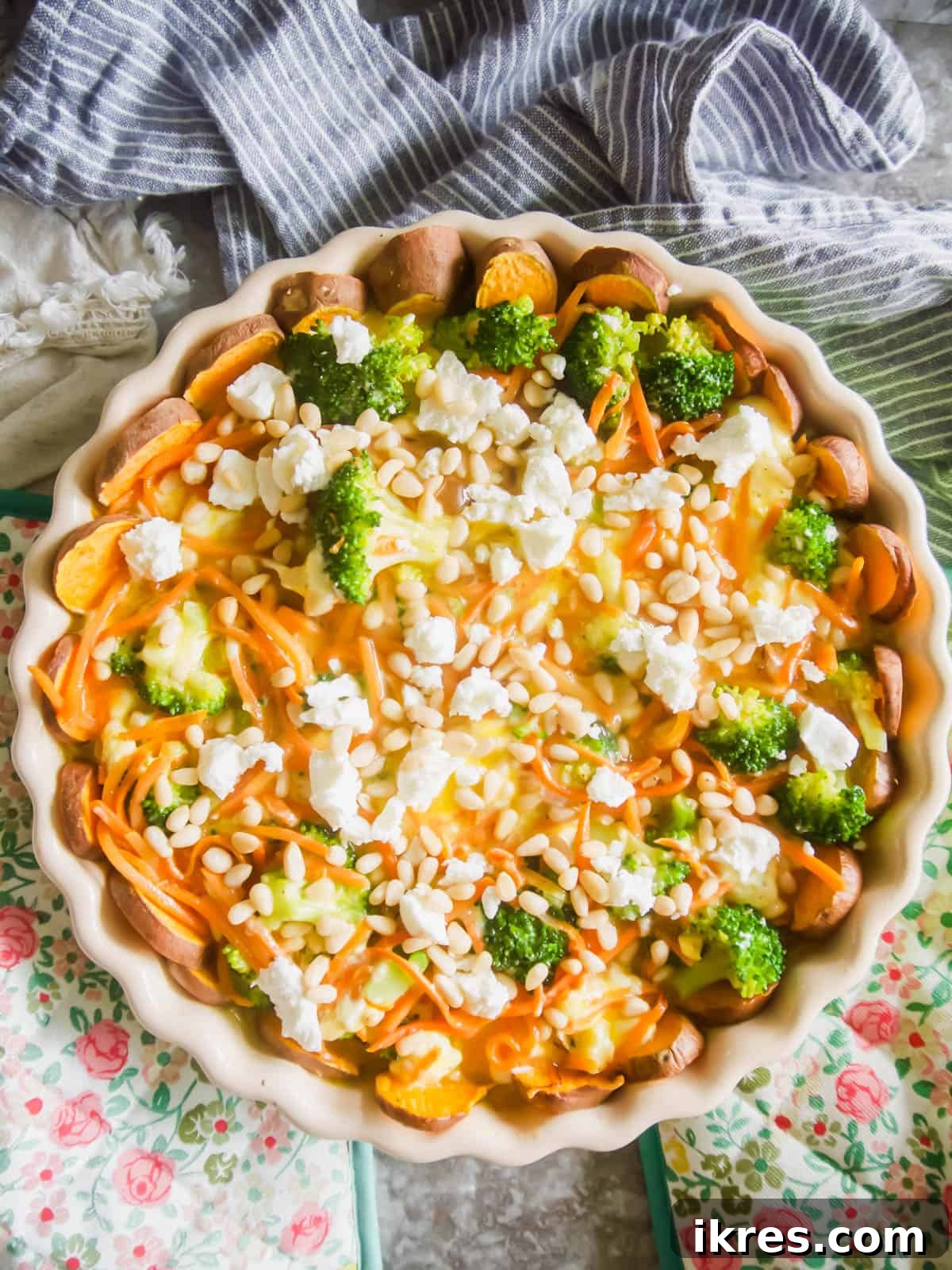 Vibrant Broccoli Carrot and Goat Cheese Quiche on a Gluten-Free Sweet Potato Crust 7 The raw quiche filling poured into the pre-baked sweet potato crust, ready for the final bake.