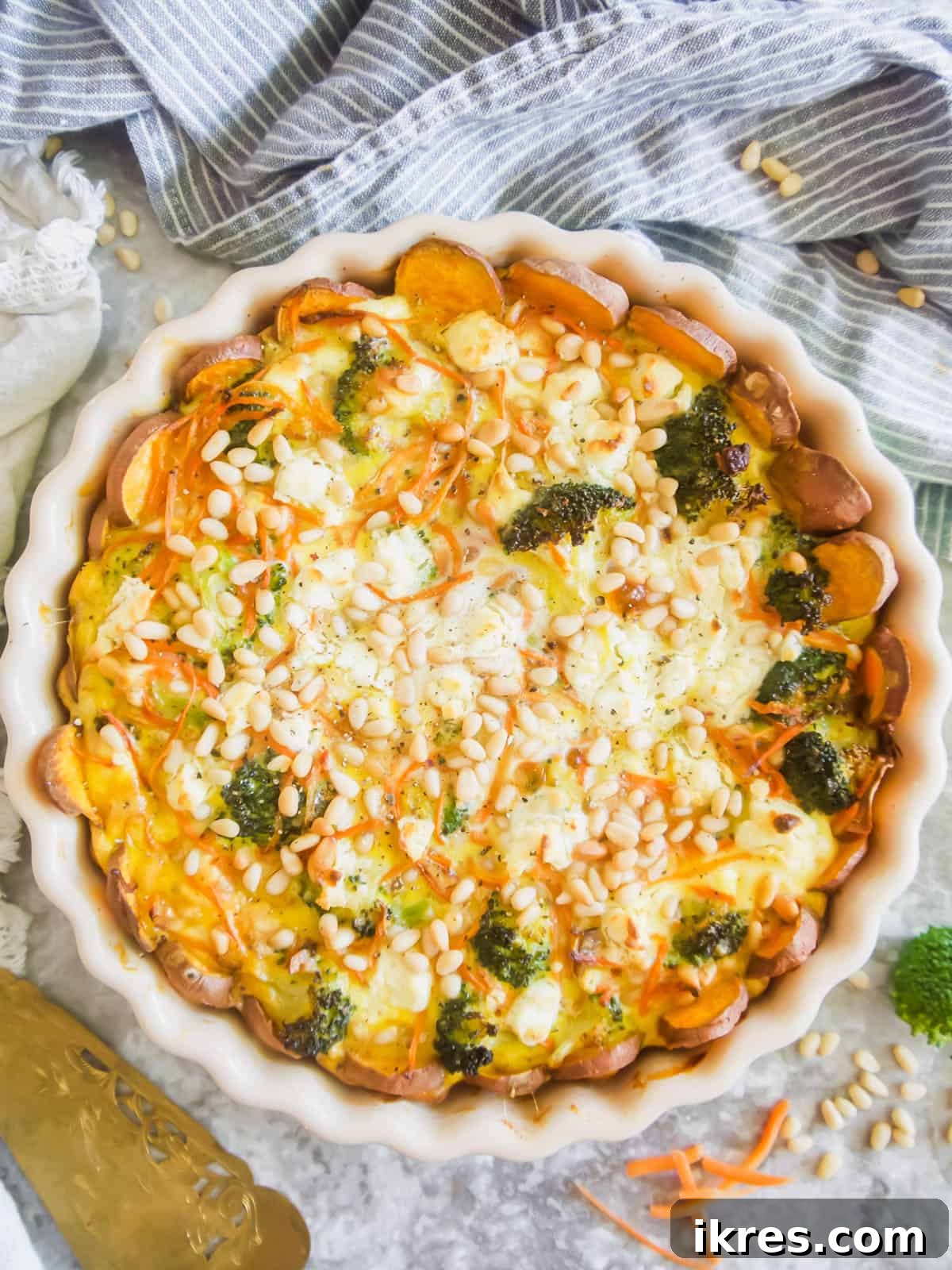 Vibrant Broccoli Carrot and Goat Cheese Quiche on a Gluten-Free Sweet Potato Crust 8 The freshly baked Broccoli Carrot Goat Cheese Quiche with a Sweet Potato Crust, golden and bubbly, just out of the oven.