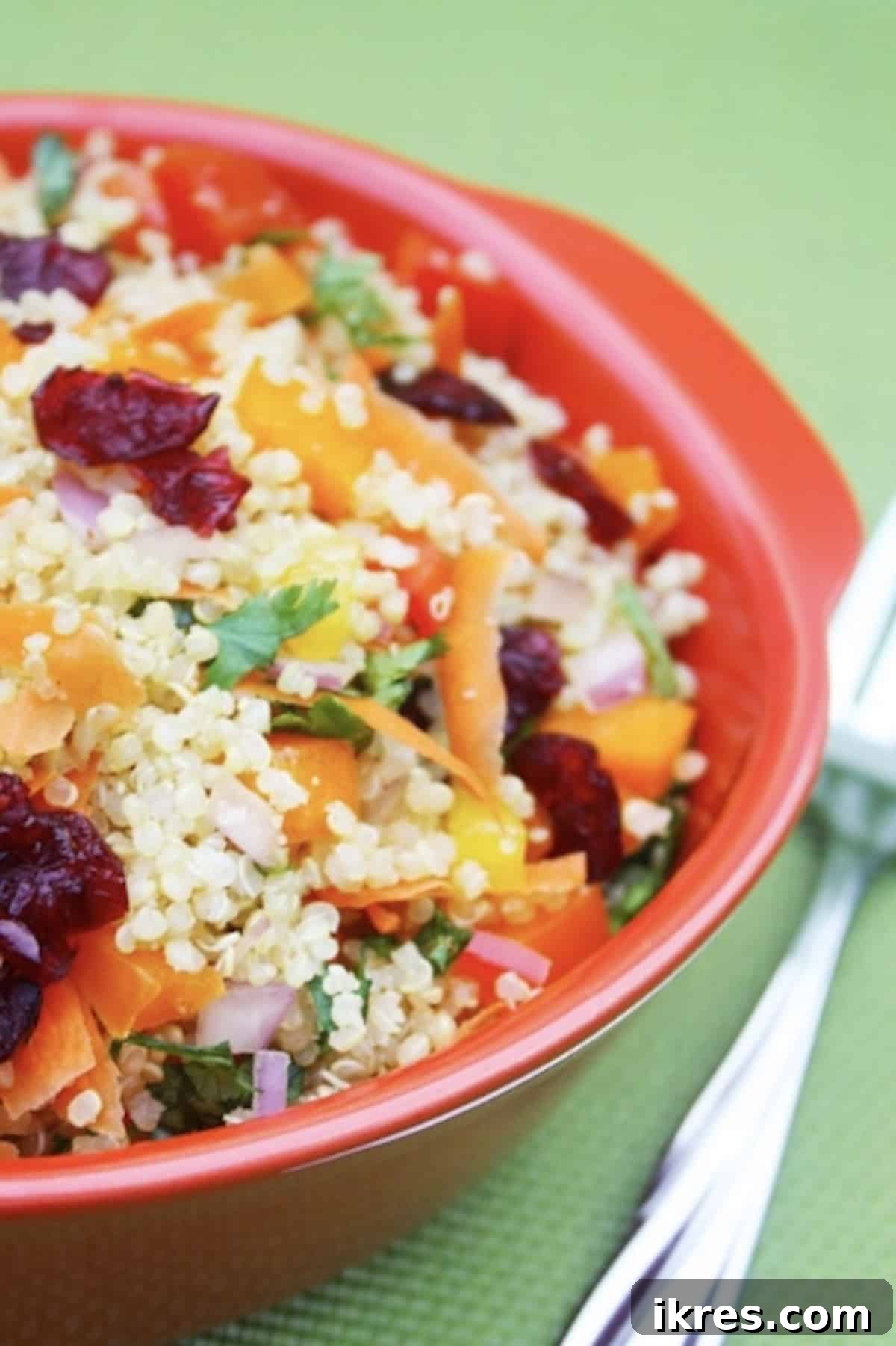 A vibrant vegetable quinoa salad with carrots and cranberries presented in a red bowl, showcasing its colorful ingredients.