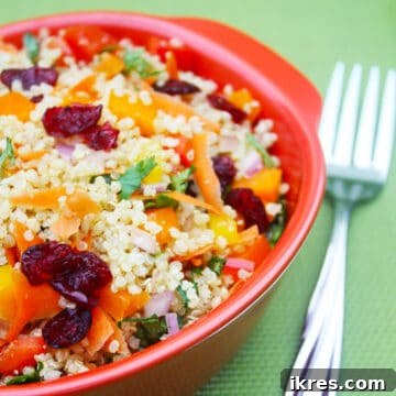 Vegetable quinoa salad with carrots and cranberries on a red plate.