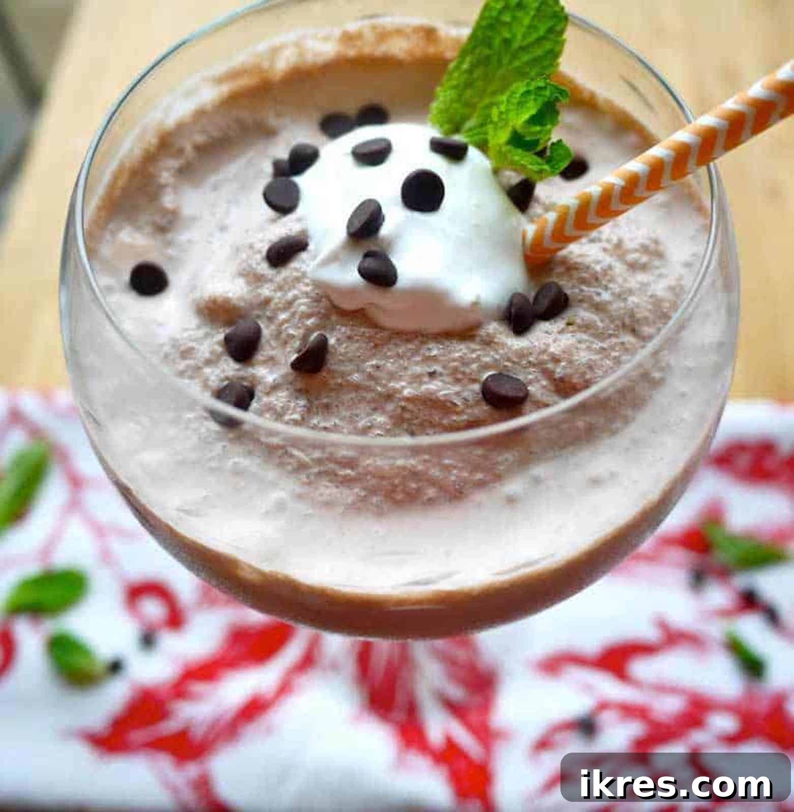 Paleo Frosted Chocolate Indulgence 4 Dairy-free frozen hot chocolate topped with dairy-free whipped cream and chocolate shavings.