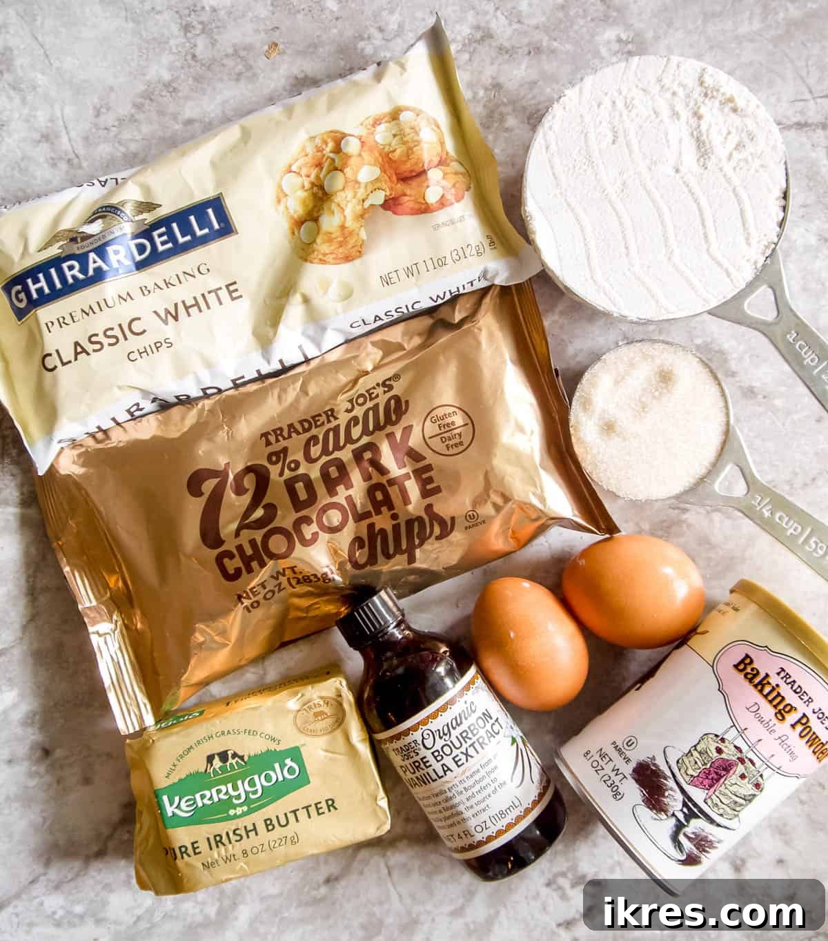 All the fresh ingredients meticulously laid out for making delicious white chocolate brownies.