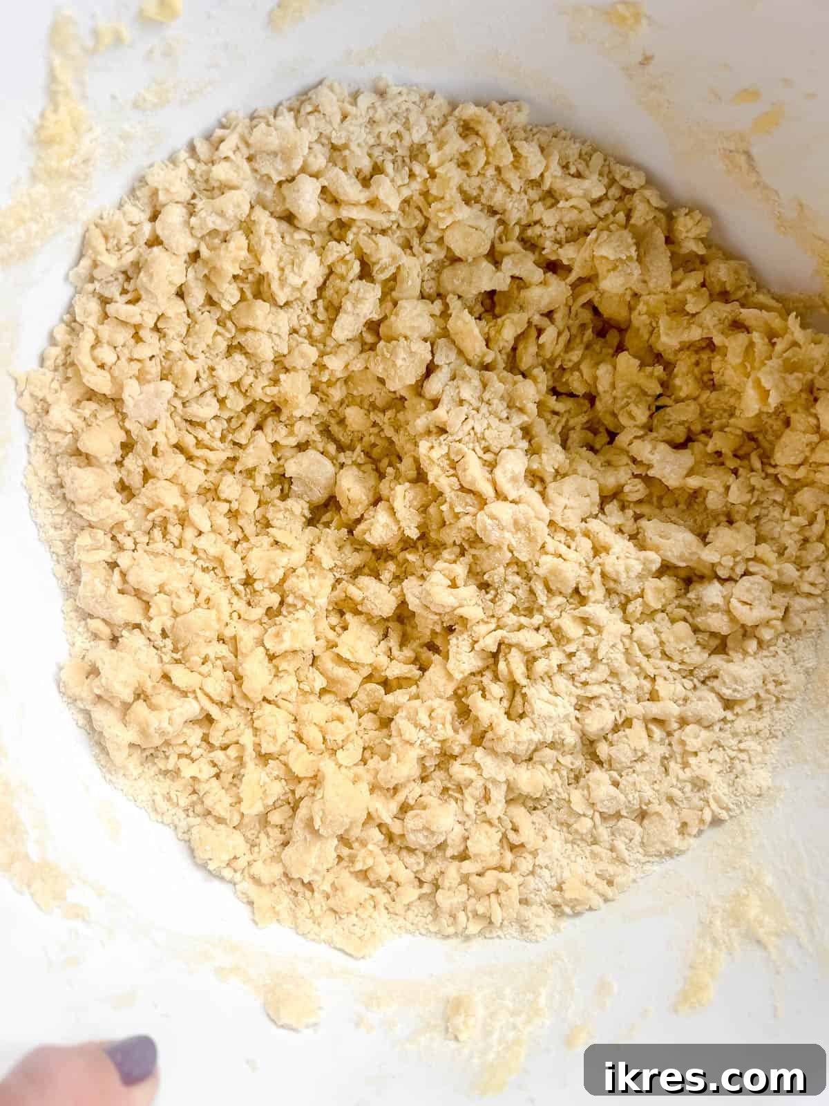 The cookie dough after all the flour has been added, showing its distinct sandy or 'sable' texture.
