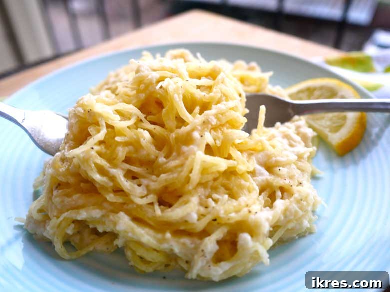 Zesty Paleo Alfredo Spaghetti Squash 4 Paleo Lemon Alfredo Sauce with spaghetti squash, ready to be served
