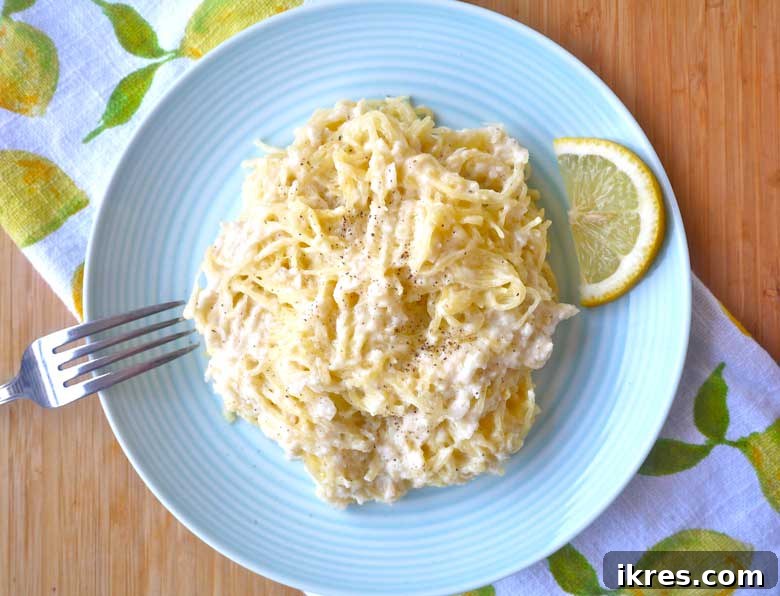 Zesty Paleo Alfredo Spaghetti Squash 5 Close-up of Lemon Alfredo Spaghetti Squash, a perfect healthy dinner option