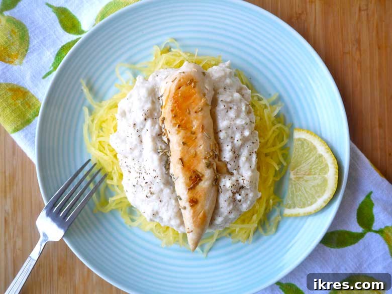 Zesty Paleo Alfredo Spaghetti Squash 6 Bowl of Lemon Alfredo Spaghetti Squash topped with fresh herbs