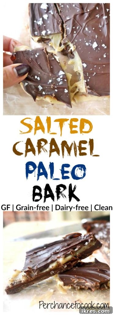 Decadent Salted Caramel Paleo Bark 2 Vertical shot of packaged Salted Caramel Paleo Bark