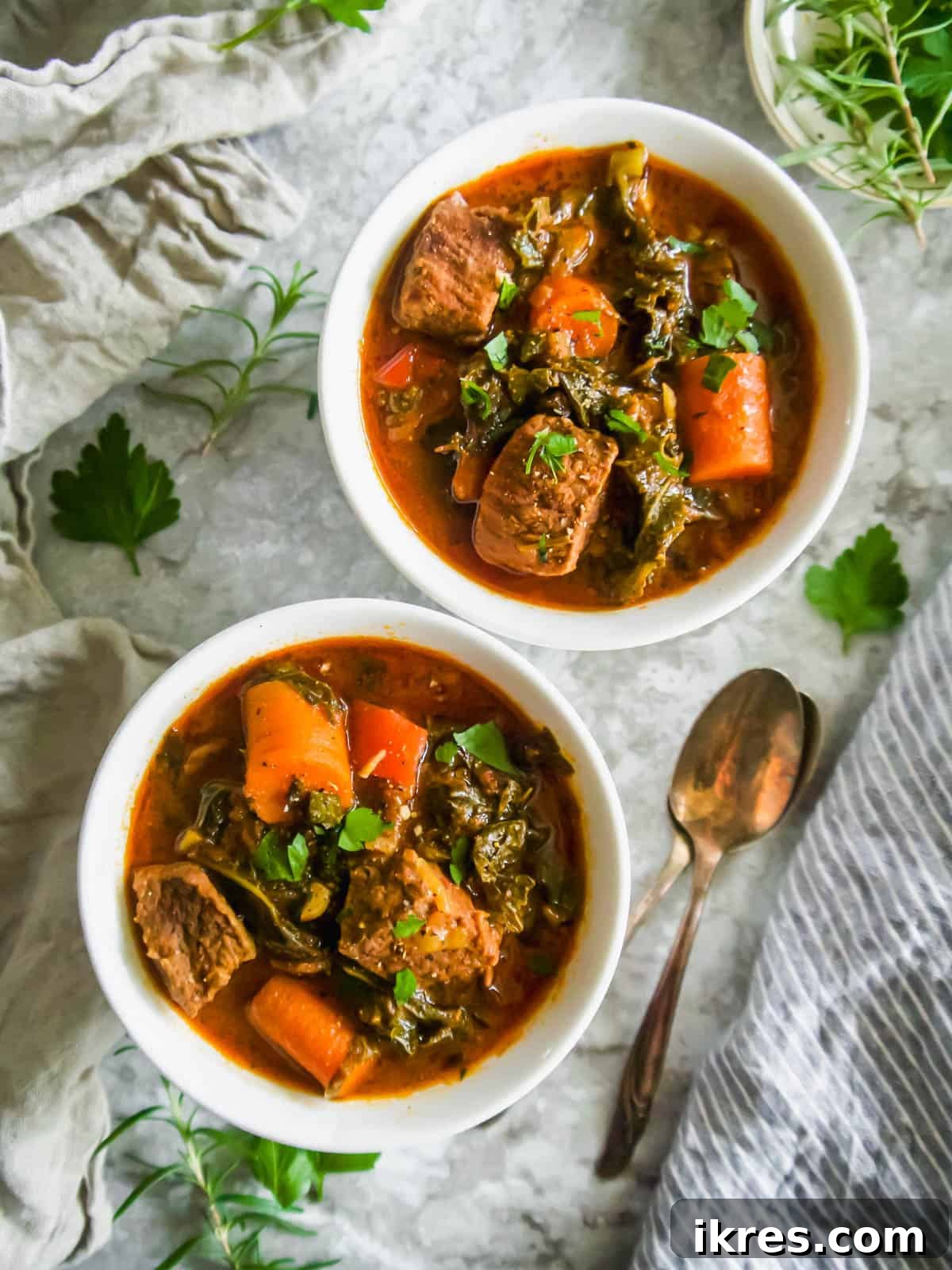 Nourishing Creamy Beef Stew with Kale and Tomato Paleo Gluten Free 4 Aerial view of healthy beef stew in two bowls.