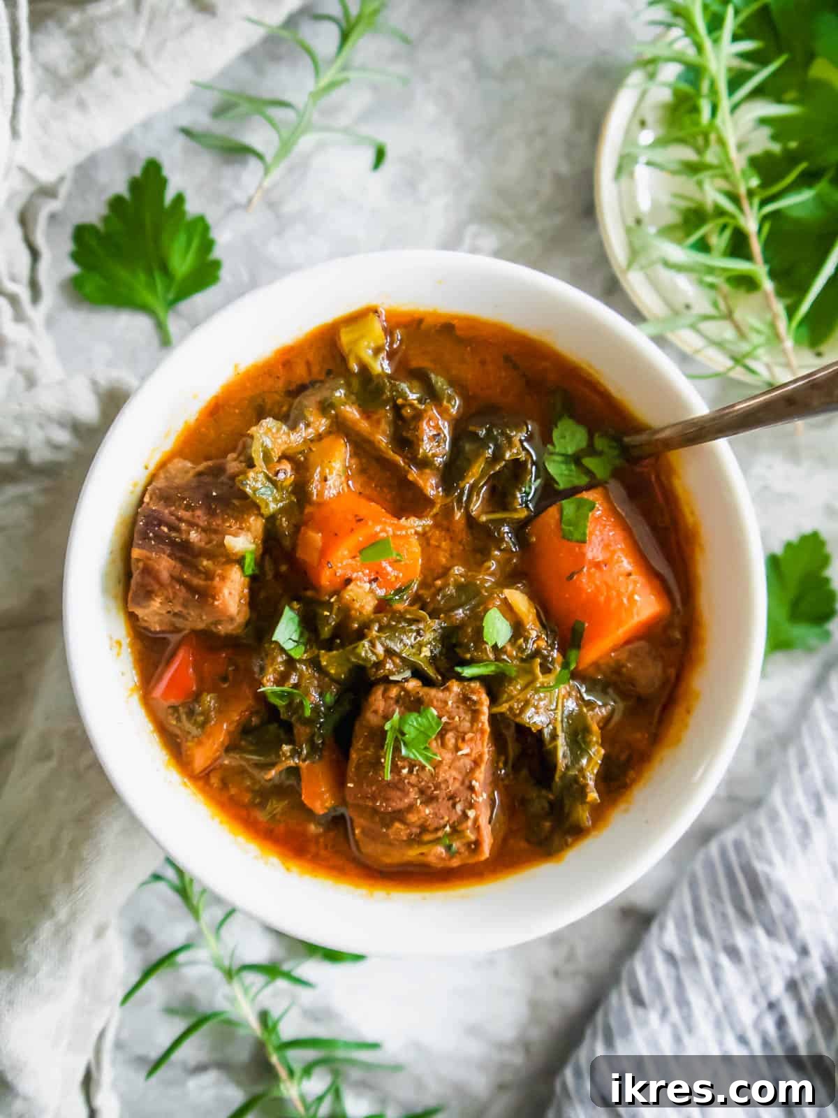 Nourishing Creamy Beef Stew with Kale and Tomato Paleo Gluten Free 8 Beef Kale and tomato stew in a large bowl with a spoon in it.