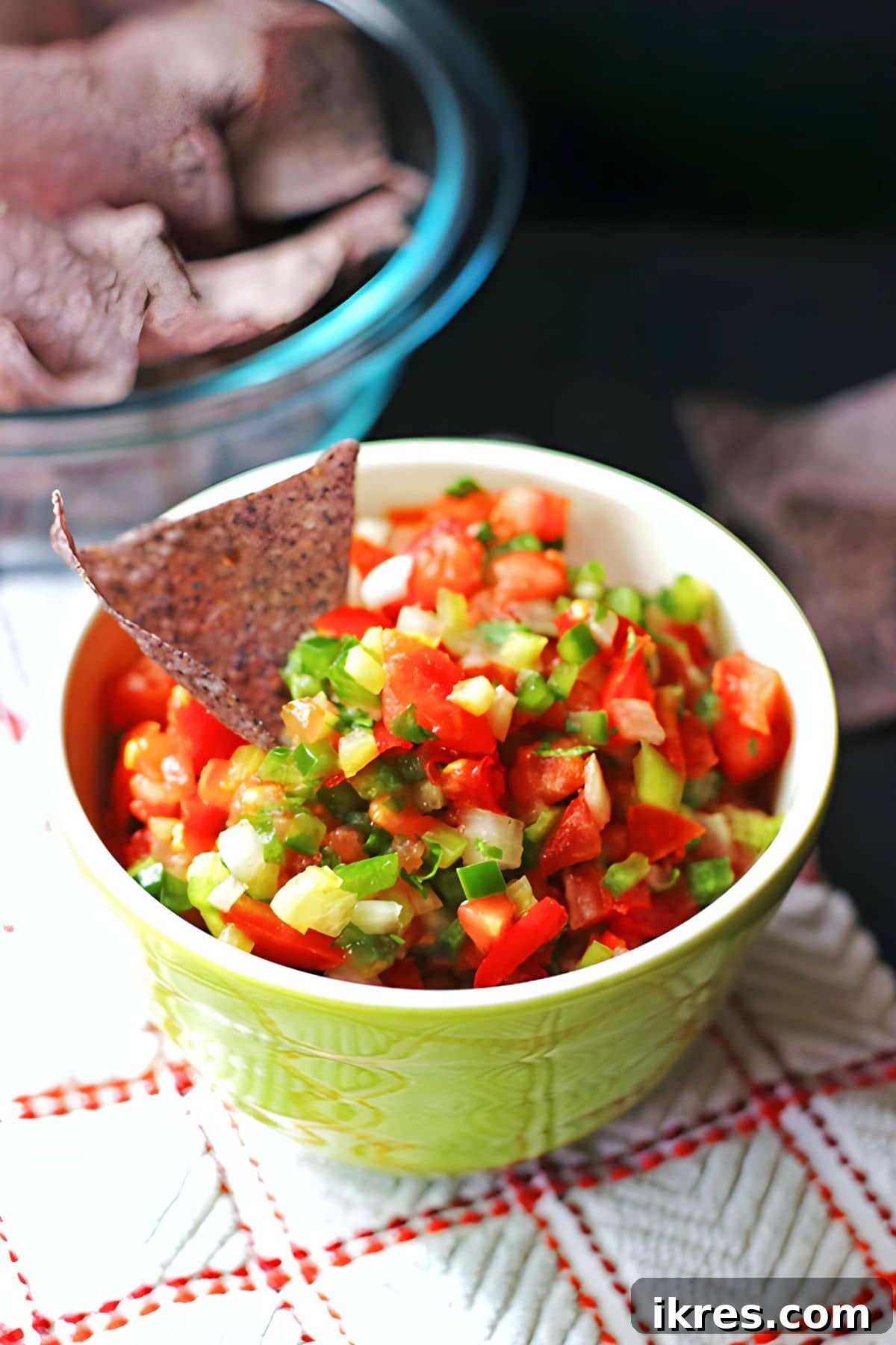 Bright & Bold Pico de Gallo: Fresh Cilantro & Tomato Salsa 5 A close-up of a vibrant bowl of fresh salsa with whole tortilla chips, inviting a taste