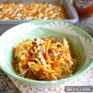 Creamy Buffalo Chicken Spaghetti Squash Casserole (paleo, GF) | Perchance to Cook, www.perchancetocook.com
