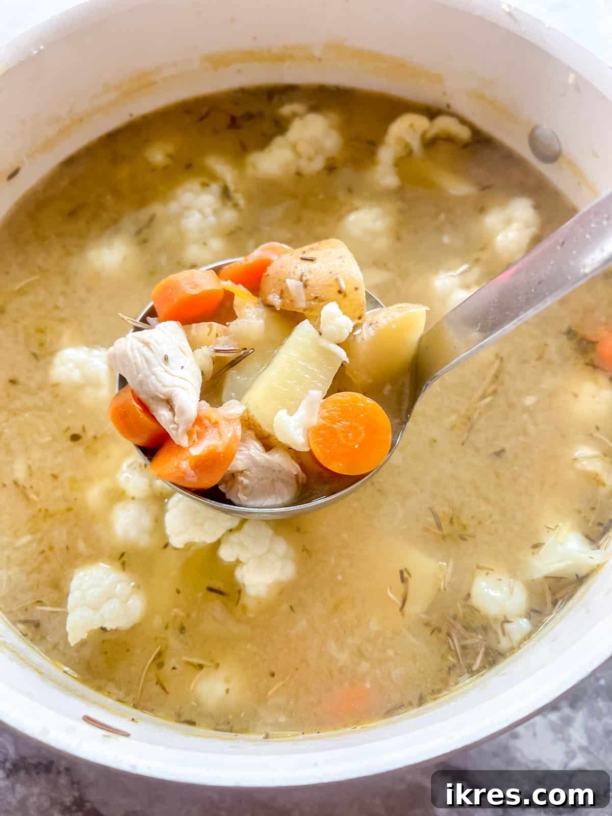 Nourishing Grain-Free Chicken Soup 7 The finished Paleo Chicken Soup, gently simmering in a large pot, with all ingredients cooked and flavors melded, ready to be served.