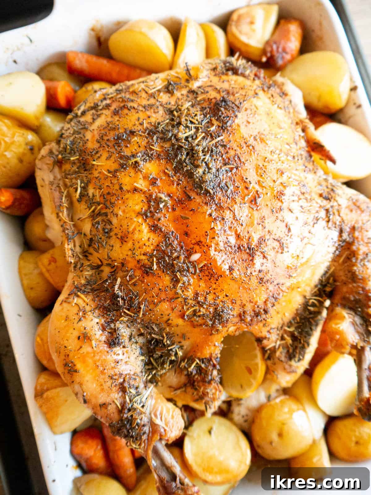 Close-up of a succulent, golden lemon thyme roast chicken and vibrant root vegetables served in a cast iron pan.
