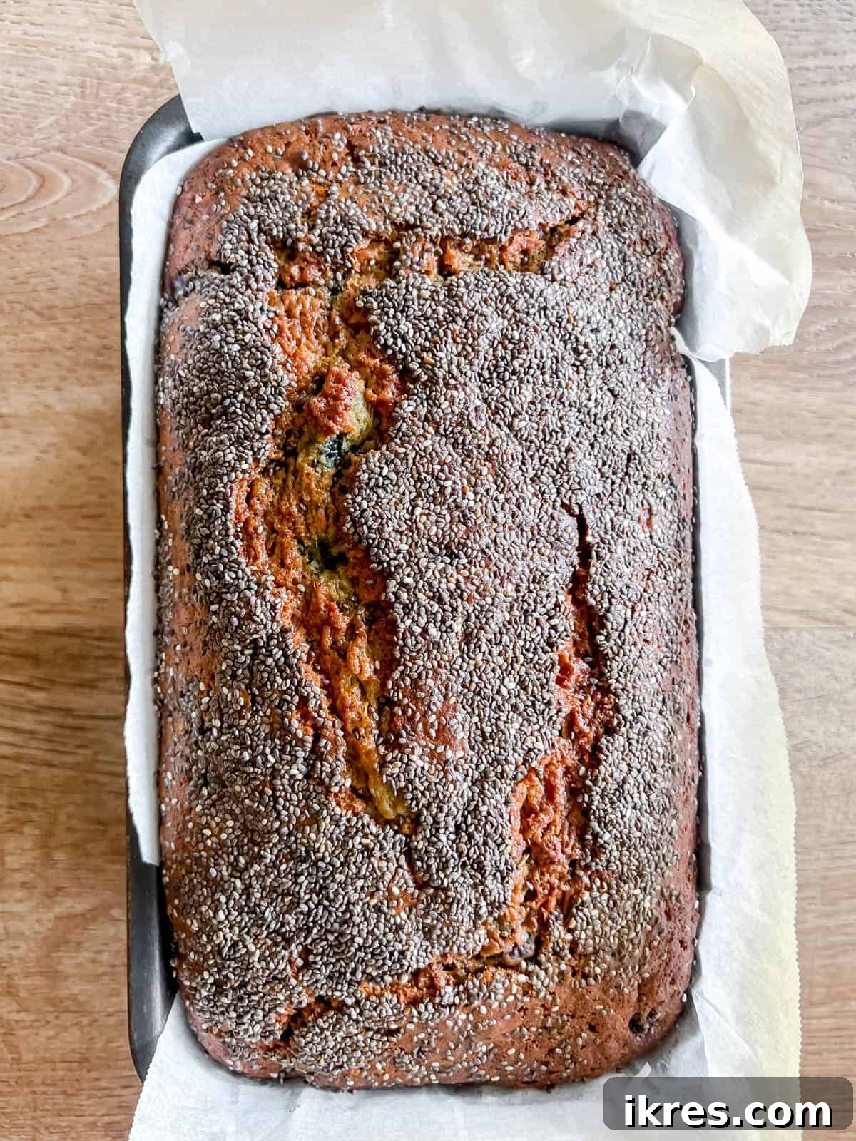 Baked blueberry banana bread in a loaf tin, fresh out of the oven, with a golden-brown chia seed crust.