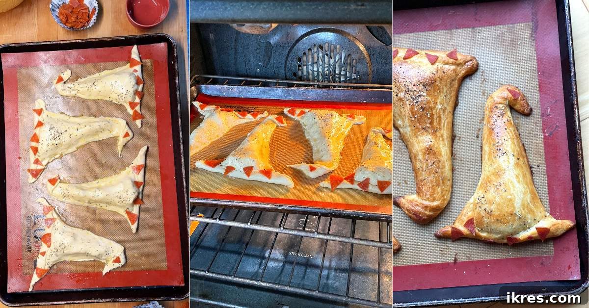Bewitching Calzone Caps 11 A collage of images showing how to bake witch hat calzones from raw to golden brown.