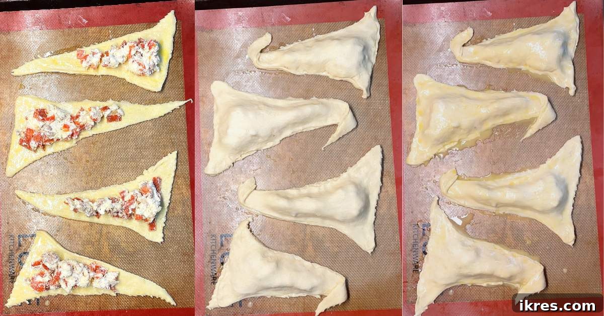Bewitching Calzone Caps 9 A collage of images showing how to fill witch hat calzones and coat them with egg wash.