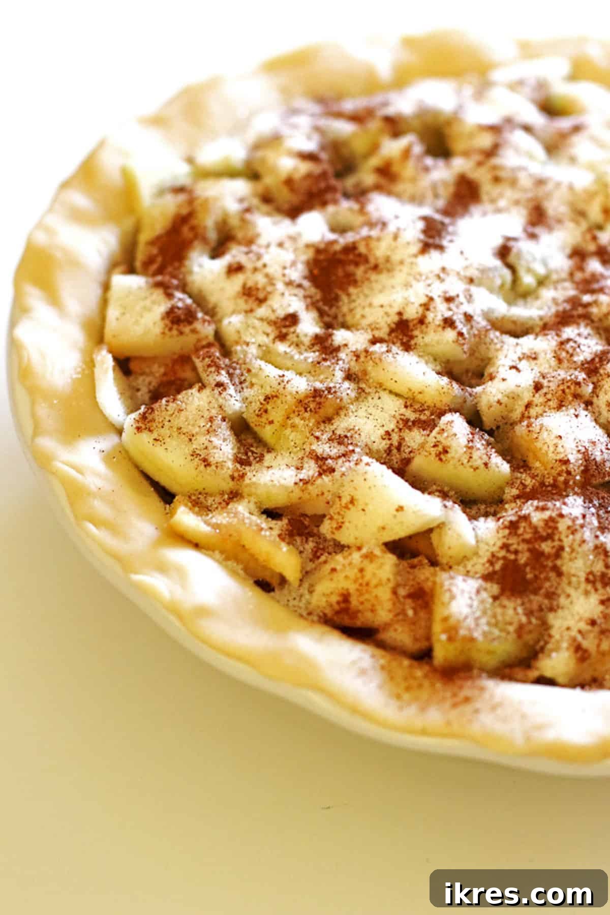 Homestyle Dutch Apple Pie 4 Sliced apples in pie crust with sugar and spices sprinkled over them