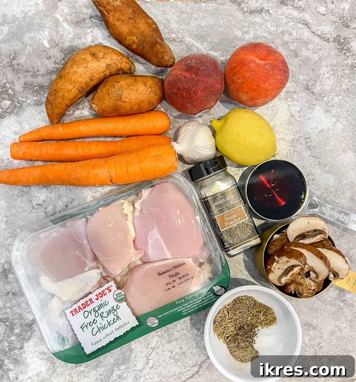 Sticky Maple Peach Chicken Thighs in a Dutch Oven 3 Ingredients needed to make peach chicken.