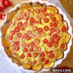 French Tomato, Tuna, & Mustard Quiche-- a refined Paleo quiche made with a sweet potato crust. | Perchance to Cook