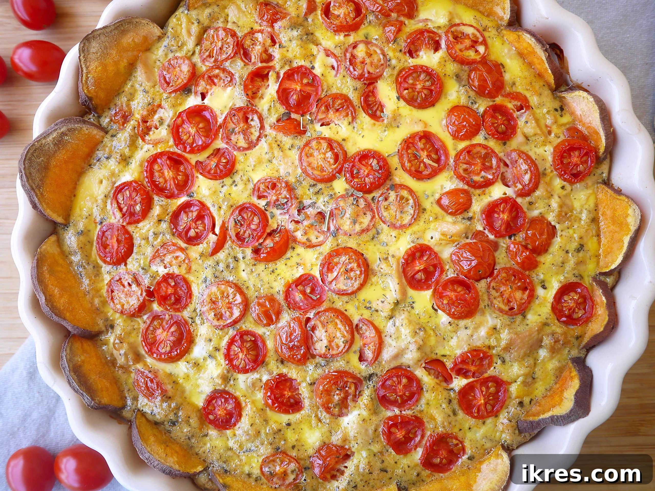 Flavorful French Tuna and Tomato Quiche on a Golden Potato Crust 7 The finished French tuna quiche, golden and bubbly, fresh from the oven.