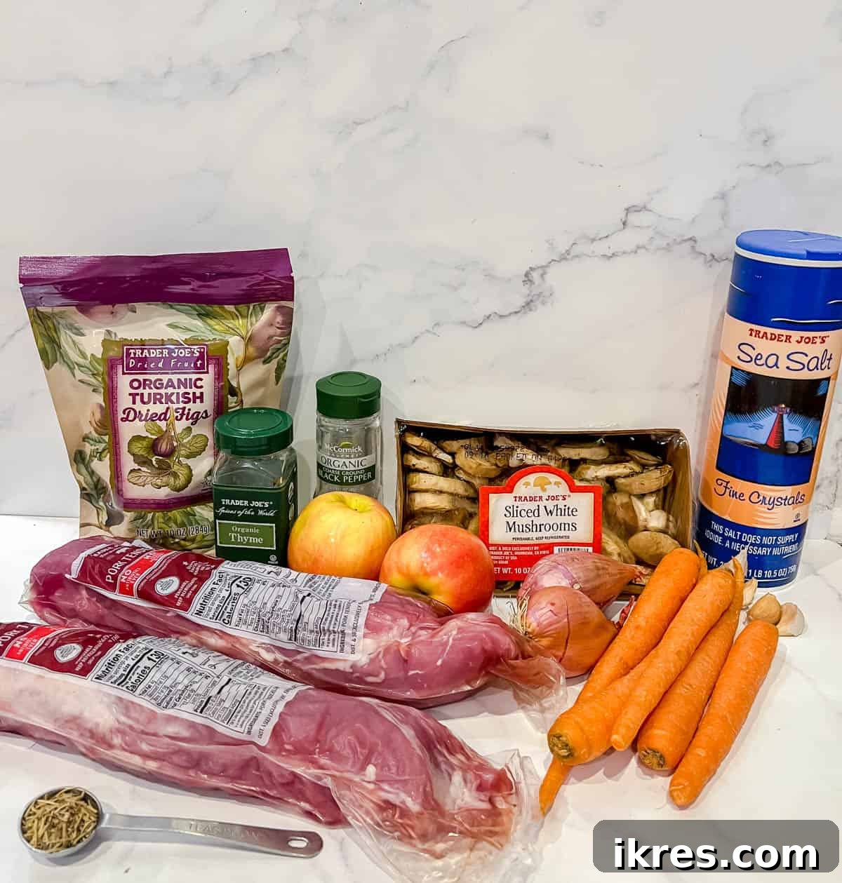 Sweet and Savory Dutch Oven Pork Tenderloin with Apples and Figs 3 Fresh ingredients laid out for Dutch Oven Pork Tenderloin with Apples and Figs.