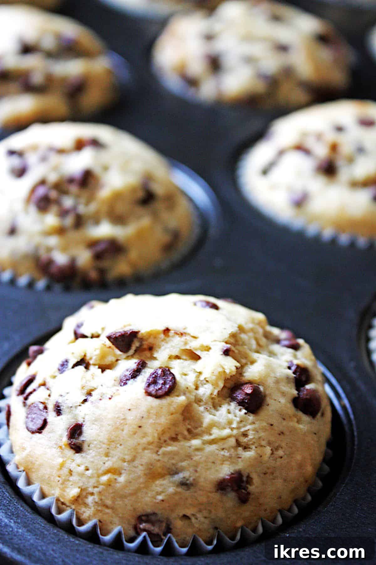 Freshly baked banana nut chocolate chip muffins cooling on a rack.