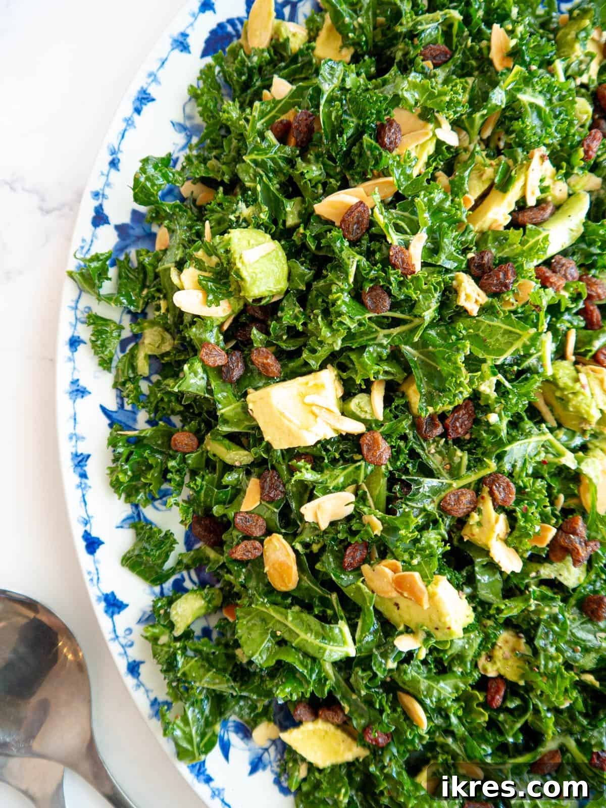 Lemon-Kissed Kale Avocado Salad 2 A vibrant chopped kale salad with creamy avocado and zesty lemon dressing, elegantly presented in a large serving plate.