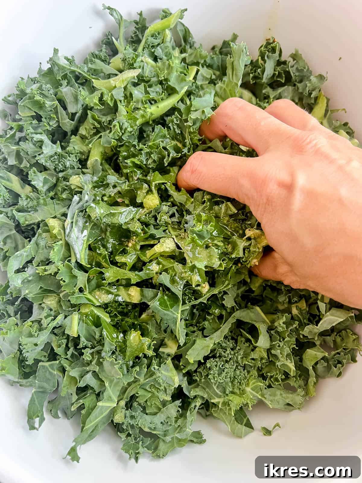 Lemon-Kissed Kale Avocado Salad 6 Hands gently but firmly massaging the chopped kale leaves in a bowl, coating them evenly with dressing.