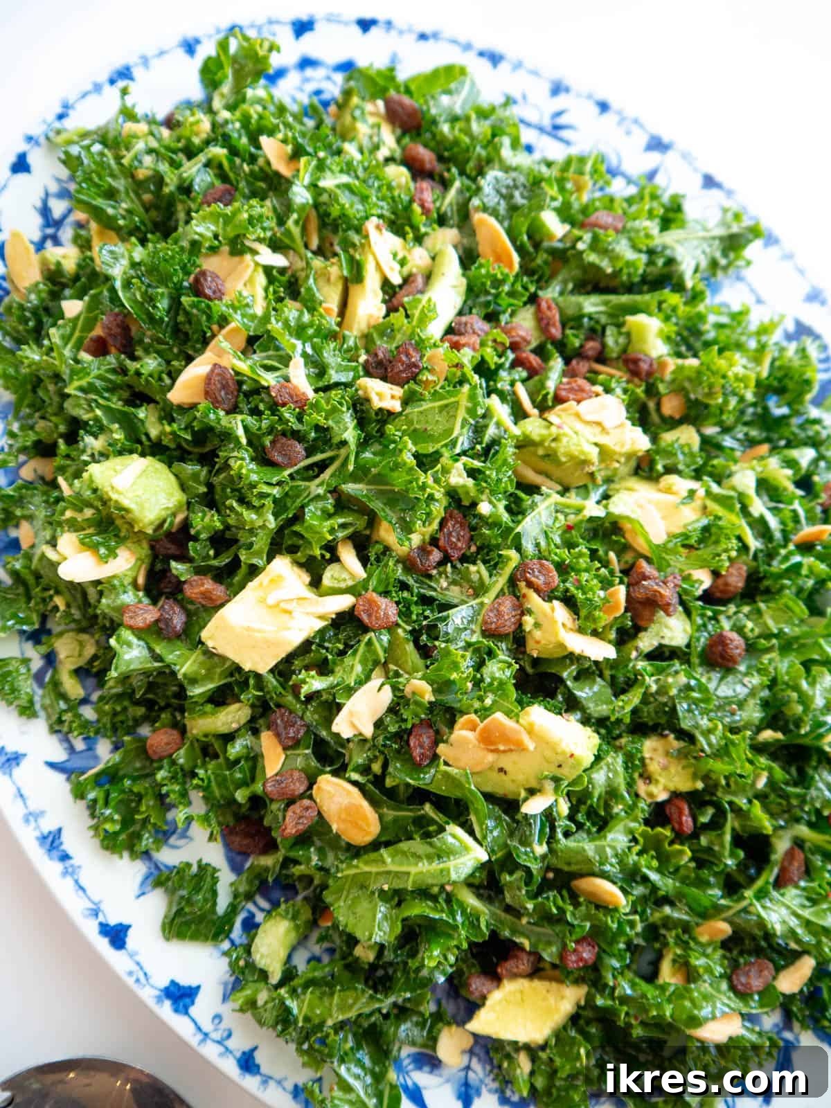 Lemon-Kissed Kale Avocado Salad 10 A large, beautifully arranged serving bowl filled with the vibrant chopped kale and avocado salad, garnished and ready to be shared.