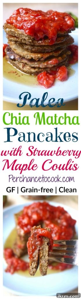 Wholesome Paleo Gluten Free Matcha Chia Pancakes with Strawberry Maple Drizzle 3 A close-up of a single Chia Matcha Pancake with a spoonful of strawberry coulis and a sprinkle of fresh berries, emphasizing its inviting texture and deliciousness.