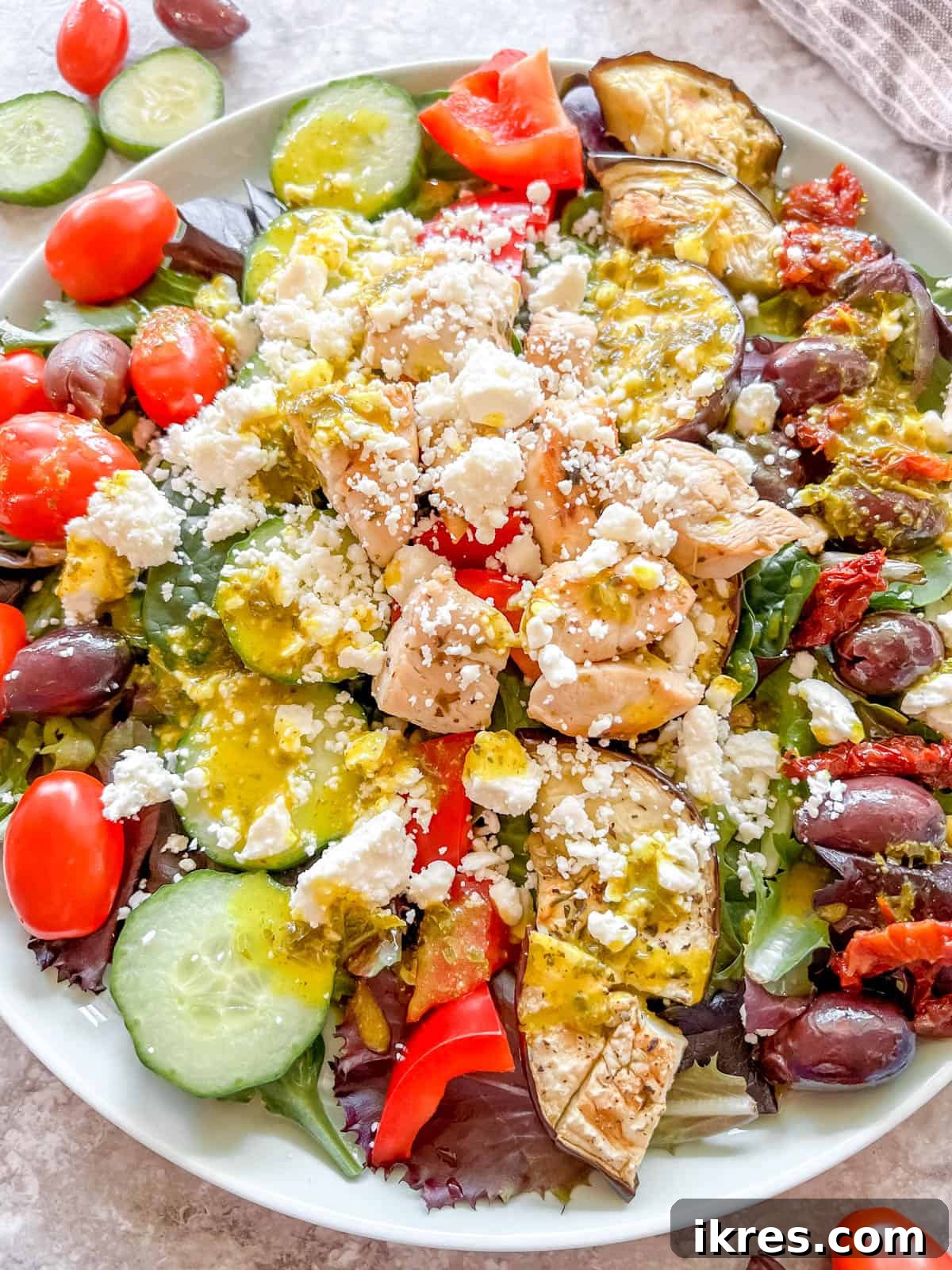 Vibrant Grilled Chicken Greek Salad 16 The ultimate finished Greek salad with grilled chicken, beautifully plated and ready for a delicious, healthy meal.