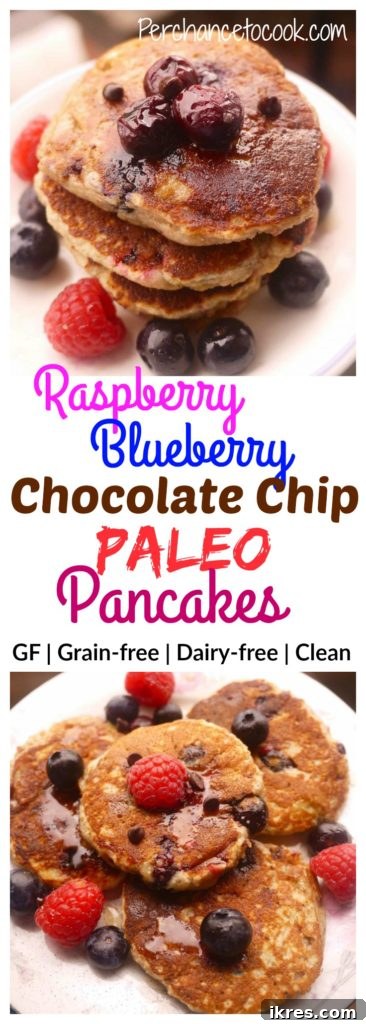 Gluten-Free Paleo Berry Chocolate Chip Pancakes 6 A stack of Paleo Raspberry, Blueberry, and Chocolate Chip Pancakes with fresh fruit in the background, ready to be served.