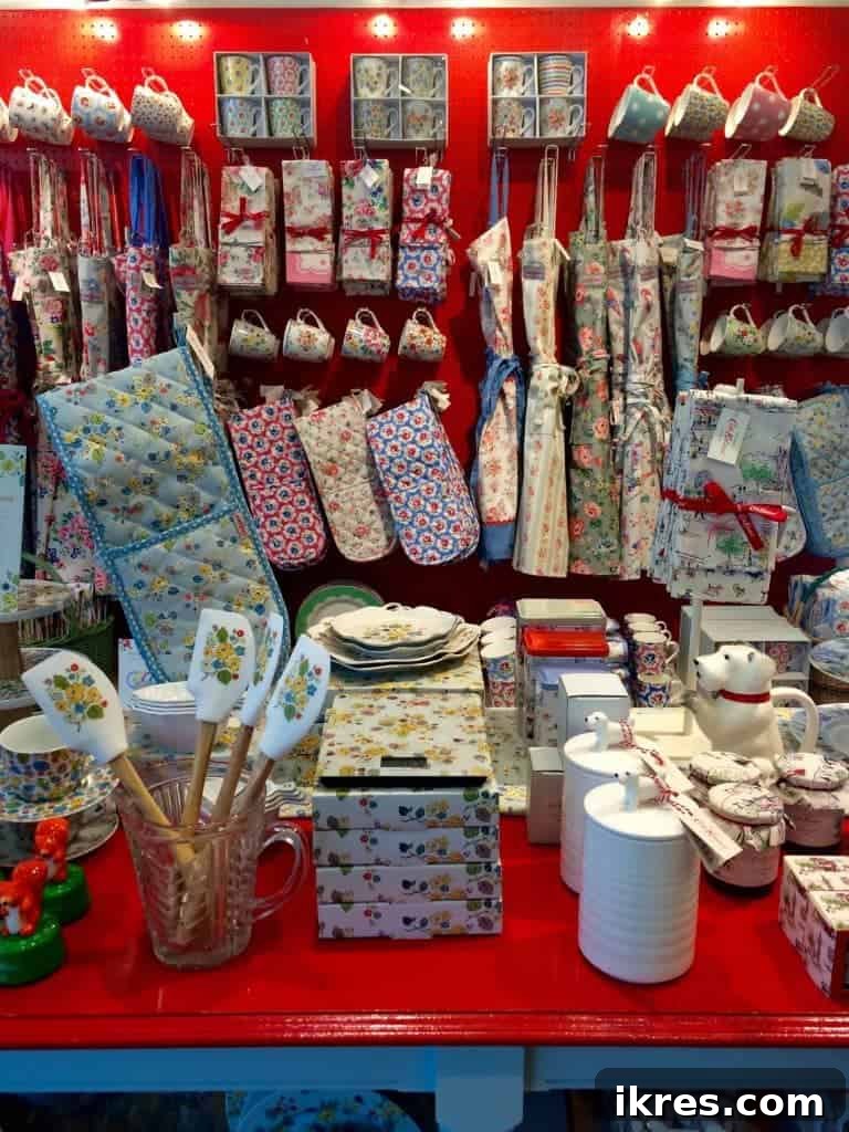 Inside Cath Kidston, a delightful array of kitchenware and home goods with classic British designs.