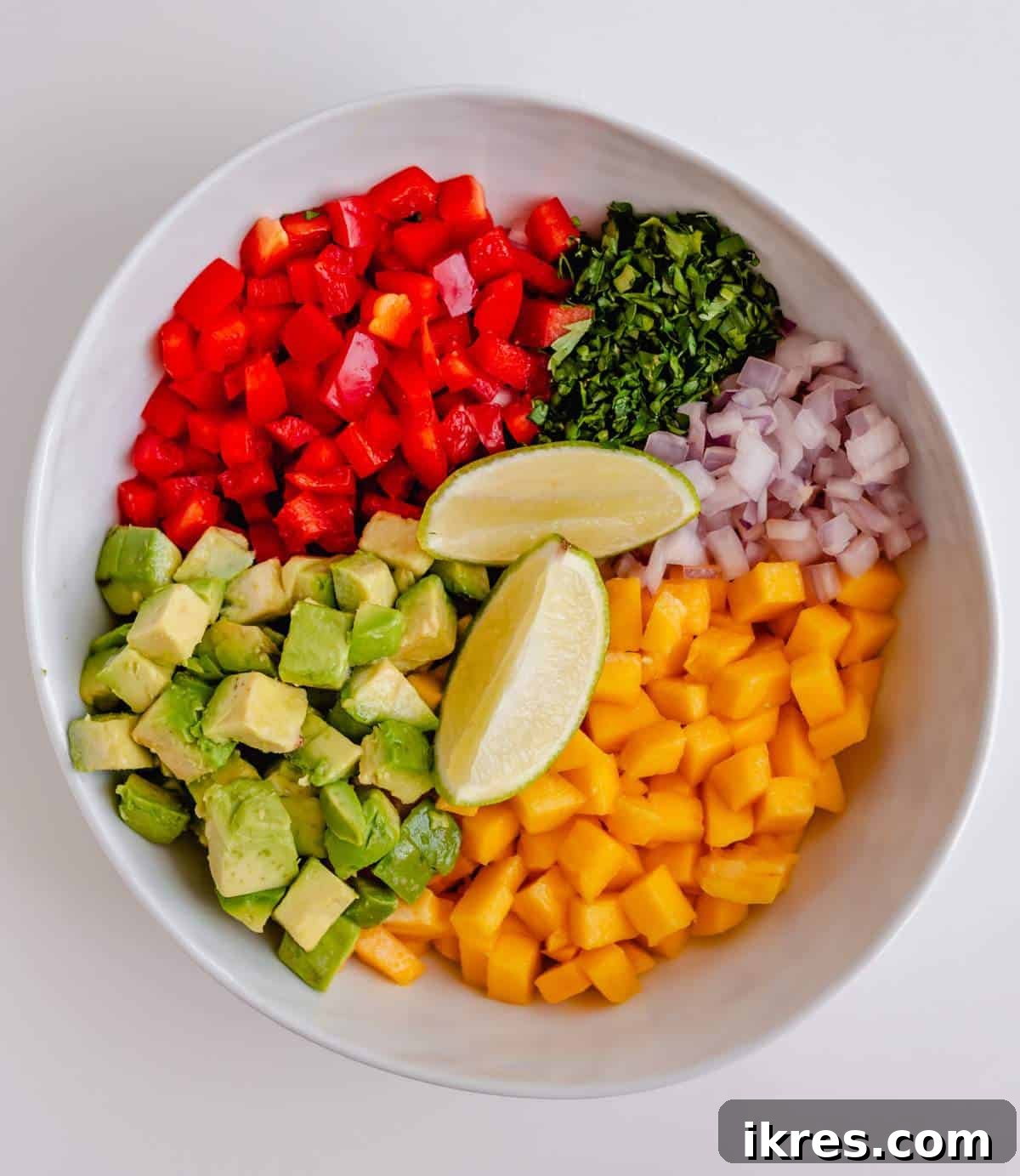 Tropical Mango Avocado Salsa 4 A bowl filled with freshly diced mango, avocado, bell pepper, red onion, and cilantro, with lime wedges on the side, ready to be combined into salsa.