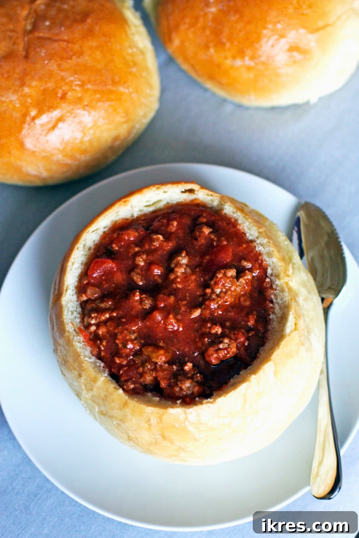 Delicious chili served in a freshly baked homemade bread bowl.