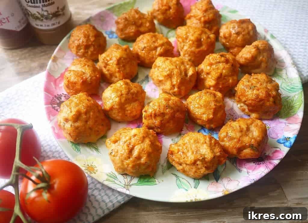 Batch of freshly baked Paleo Chicken Taco Meatballs on a baking sheet.