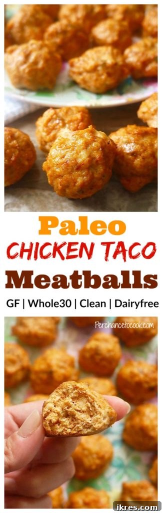 A beautifully presented plate of Paleo Chicken Taco Meatballs with fresh toppings.