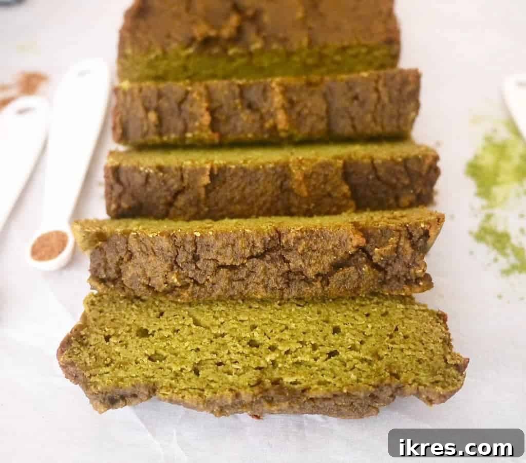 Delicious cinnamon-infused Grain-Free Matcha Loaf with a green hue, perfect for a healthy breakfast.
