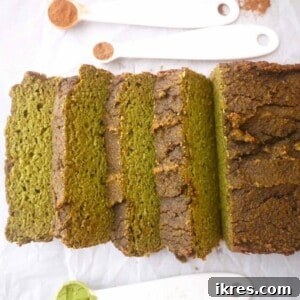 Appetizing photo of the sliced Grain-Free Matcha Loaf, showing the vibrant green color inside.
