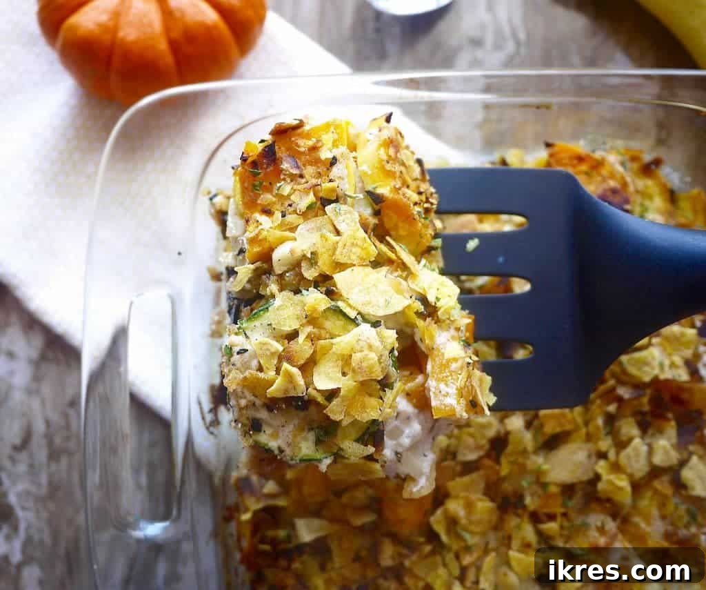 Paleo Gluten Free Squash Au Gratin 9 Finished Squash Au Gratin topped with plantain chips
